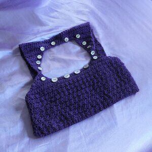 Handmade Crochet Purple Top Pearl Button Cutout